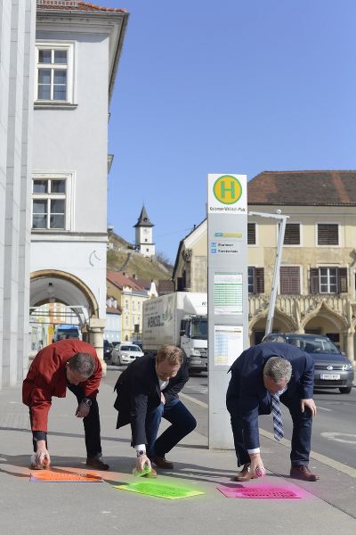 Die Bürgermeister von Spital, Trofaiach und Bruck bei der ersten Werbemaßnahme